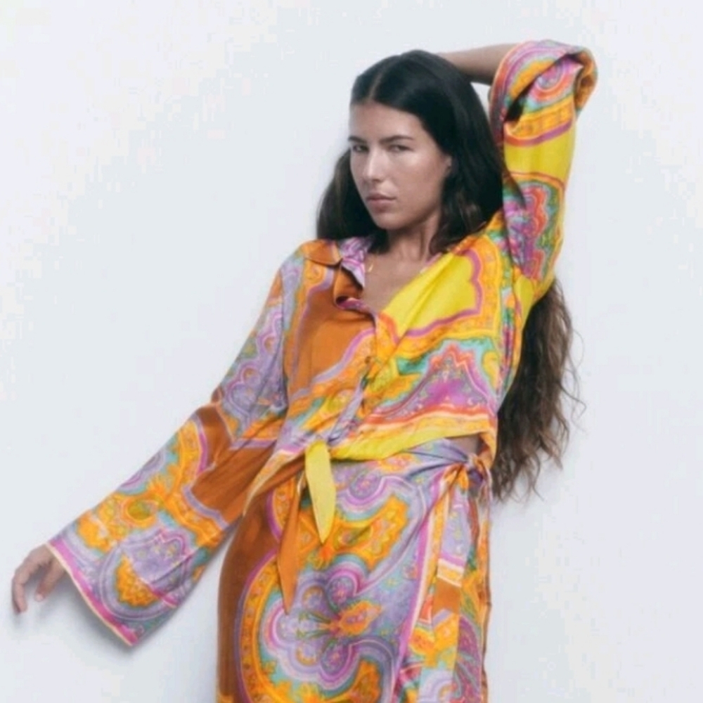 ZARA Colorful Satin Effect Blouse with Flared Sleeves